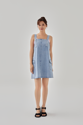 Izzie Denim Pinafore Dress in Denim Blue